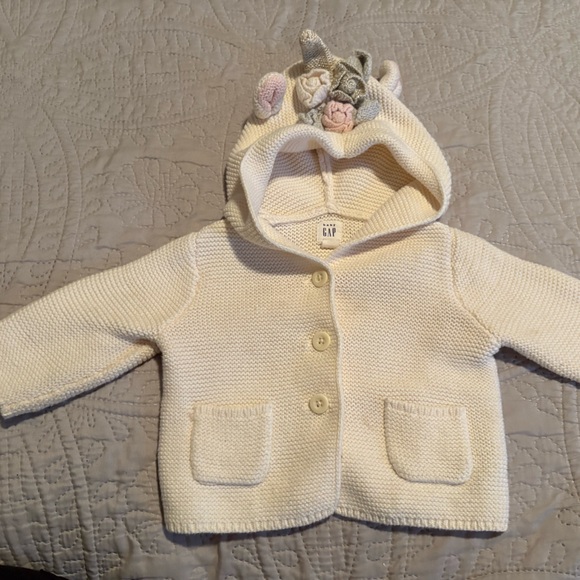 Baby GAP Cream Knit Baby Cardigan with flowers and unicorn ears - Picture 1 of 4